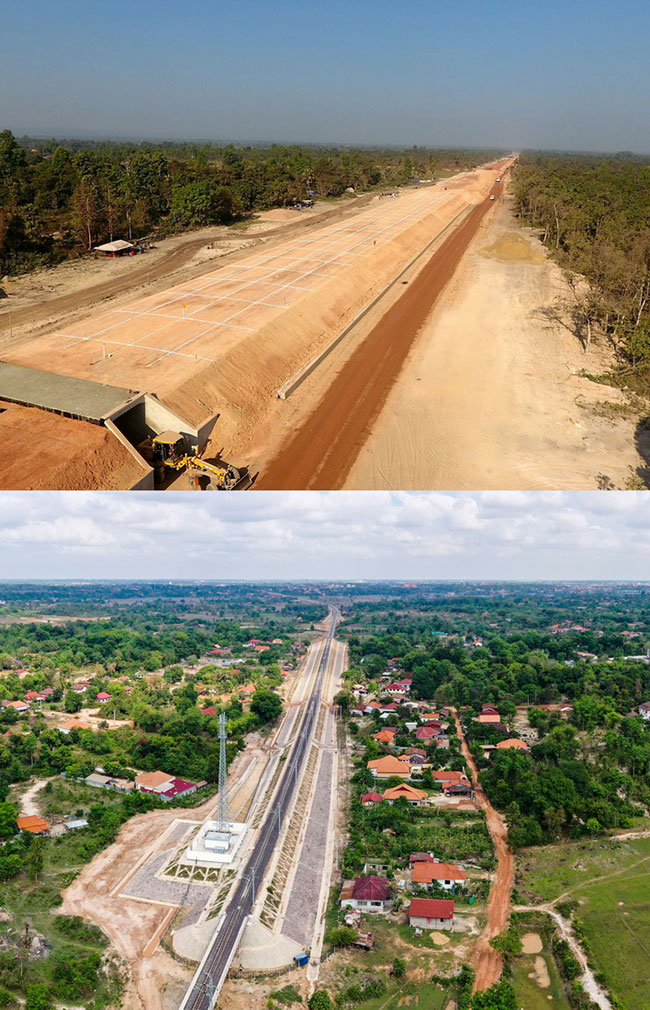 这是一张拼版照片。上图为：2017年12月6日拍摄的老挝首都万象北部由中国中铁二局承建的中老铁路部分路段。下图为：2021年4月17日拍摄的老挝首都万象北部由中国中铁二局承建的中老铁路部分路段。（中国中铁二局供图）中老铁路是与中国铁路网直接连通的国际铁路，线路北起云南昆明，经中国磨憨铁路口岸和老挝磨丁铁路口岸，进入老挝北部地区，最终到达老挝万象，线路全长1035公里。