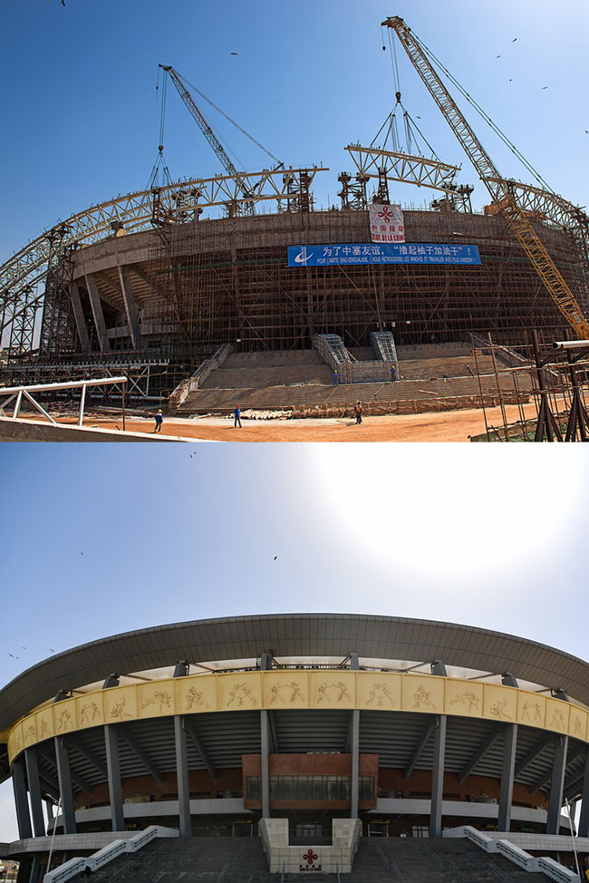 这是一张拼版照片。上图为：2018年1月31日拍摄的塞内加尔竞技摔跤场项目施工现场。（新华社发）下图为：2021年11月21日拍摄的塞内加尔竞技摔跤场外景。（新华社记者李琰摄）塞内加尔竞技摔跤场位于达喀尔近郊，是中国在塞内加尔规模最大的援助项目。这座地标性建筑面积约1.8万平方米，可同时容纳2万名观众，是非洲首座现代化摔跤场。