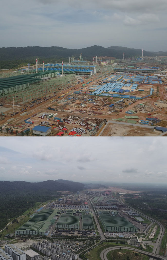 这是一张拼版照片。上图为：2017年12月25日拍摄的位于马来西亚彭亨州的马来西亚－中国关丹产业园。下图为：2021年5月18日拍摄的位于马来西亚彭亨州的马来西亚－中国关丹产业园。（新华社记者林昊摄）马来西亚－中国关丹产业园与位于广西的中国－马来西亚钦州产业园共同开创了“两国双园”的国际合作新模式。