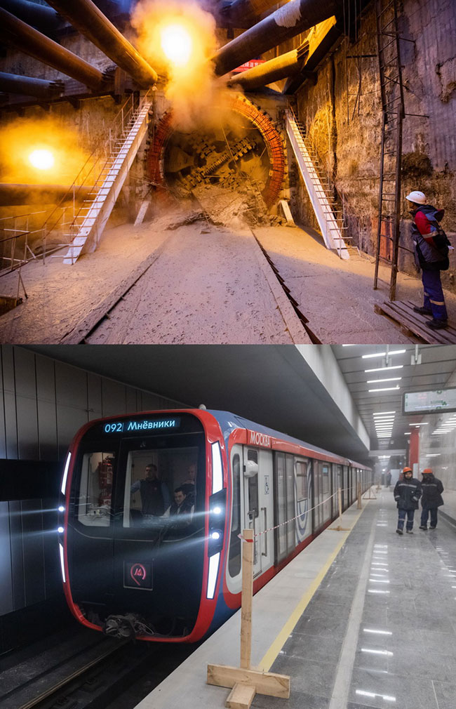 这是一张拼版照片。上图为：2019年12月26日，在俄罗斯首都莫斯科，工作人员观察盾构机掘进情况。当日，中国铁建承建的首个莫斯科地铁项目隧道实现全部贯通。下图为：2021年12月2日，在俄罗斯首都莫斯科，试运行车辆驶入莫斯科地铁第三换乘环线西南段米丘林大街站。（新华社记者白雪骐摄）2017年1月，中国铁建中标莫斯科地铁第三换乘环线西南段项目，标段全长5.4公里，这也是俄罗斯首次在地铁施工领域引进中国企业。2021年12月7日，由中国铁建承建的莫斯科地铁第三换乘环线西南段投入运行。