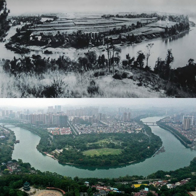 拼版照片：上图为1981年的百色市面貌（资料图片，百色市档案馆提供）；下图为2022年5月8日在同一地点拍摄的百色市（新华社记者张爱林摄，无人机照片）。