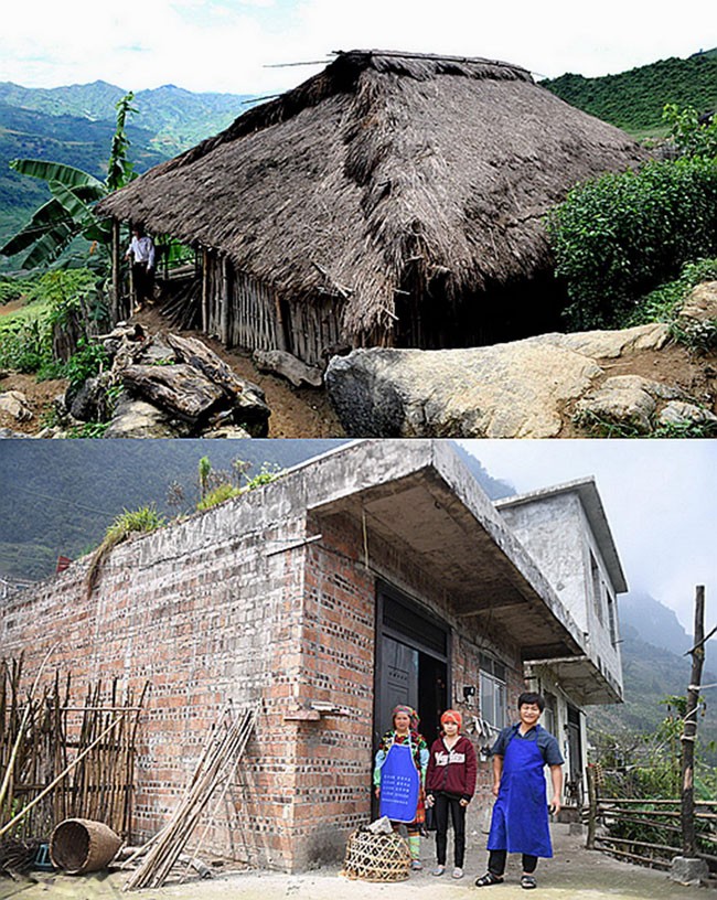 拼版照片：上图为百色市那坡县上保屯村民吴亚路搬迁前的住房（2008年5月26日摄）；下图为吴亚路搬迁后居住的楼房（2018年4月24日摄）。