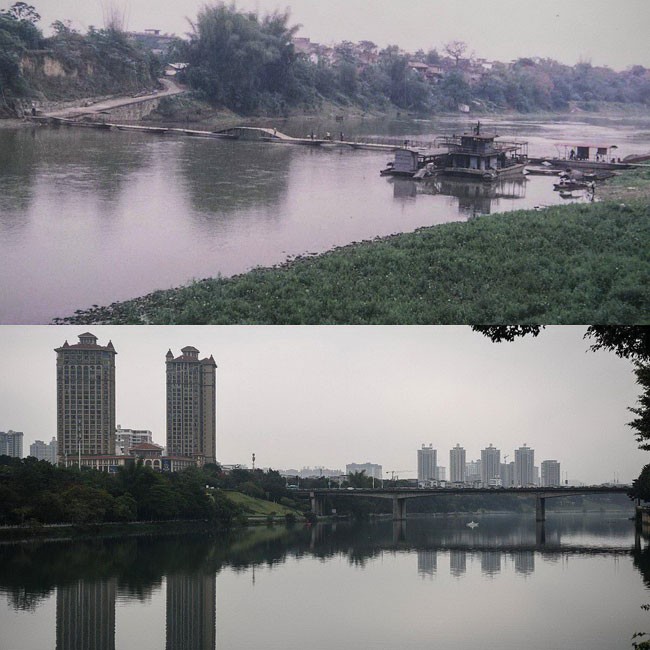 拼版照片：上图为1978年百色市那毕渡口面貌（资料图片，百色市档案馆提供）；下图为2022年5月8日拍摄的百色市那毕大桥（新华社记者张爱林摄）。