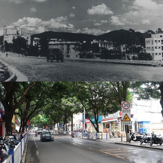 拼版照片：上图为1978年建设中的百色市中山路（资料图片，百色市档案馆提供）；下图为2022年5月8日拍摄的百色市中山路（新华社记者张爱林摄）。