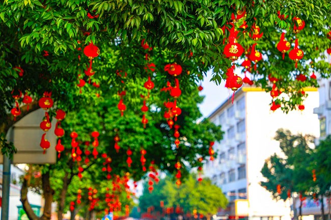 街道处处灯笼高挂，营造了喜庆祥和的节日氛围。李凡钦摄