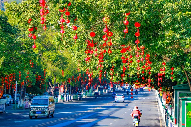 街道处处灯笼高挂，营造了喜庆祥和的节日氛围。李凡钦摄